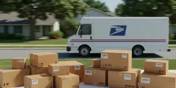 USPS delivery truck with e-commerce shipping boxes
