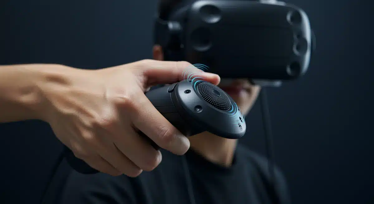 User experiencing immersive virtual reality with haptic feedback controller.